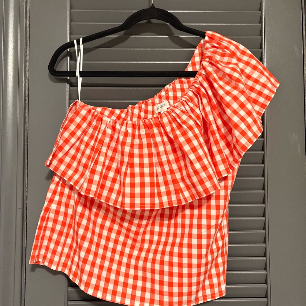 NWT J. Crew One-Shoulder Gingham Ruffle Camisole - Orange & White